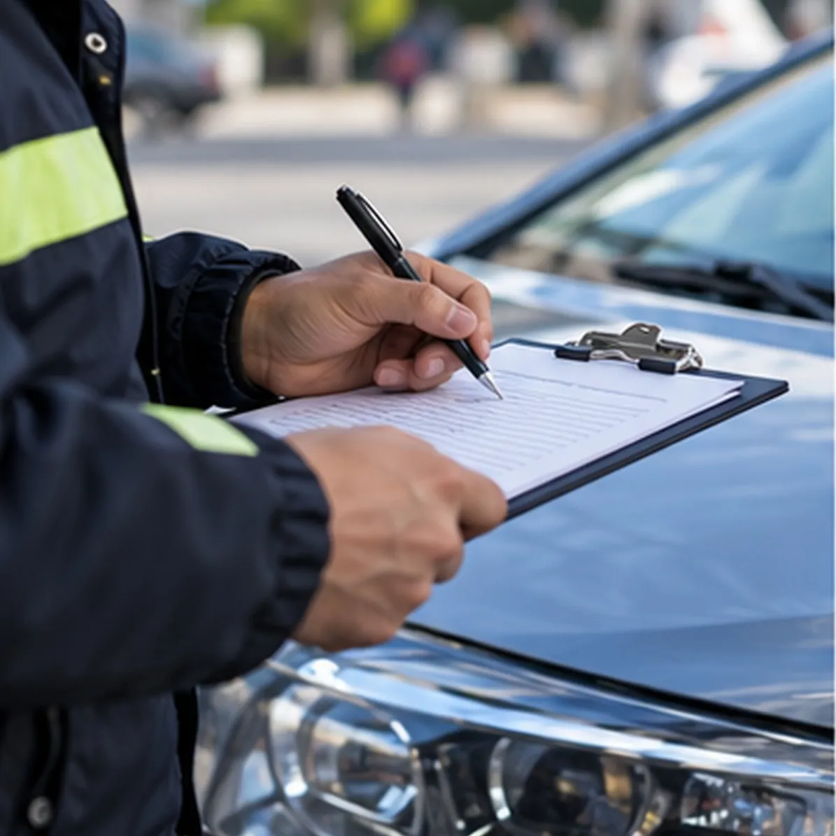 Inspector de tránsito completando un acta de infracción junto a un auto